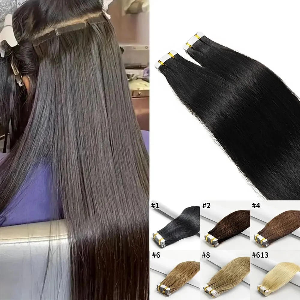 Straight Tape In Hair Extensions 100% Human Hair Natural Black Adhesive Invisible Glue Replaceable Seamless Tape Ins 20pcs/50g
