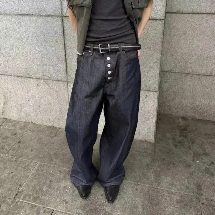 Button Design Machete Denim Baggy Jeans Men's High Street Edge Selvedge Niched Hiphop Loose Long Wide Leg Pants 12377 — image 4