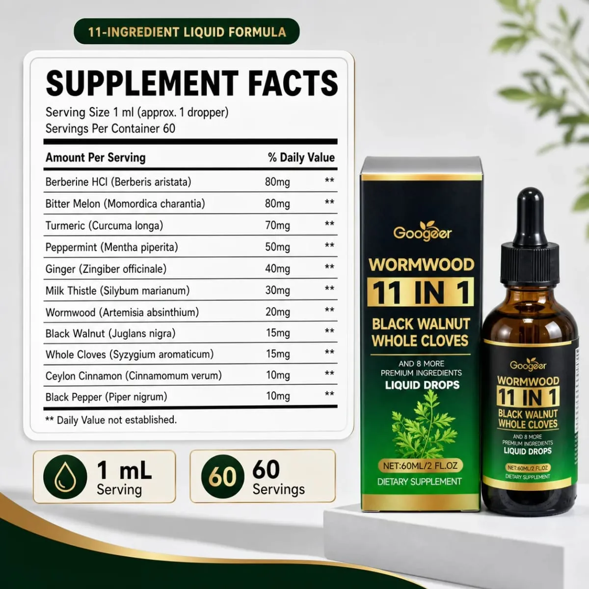 Wormwood 11 in 1 Liquid Drops - Black Walnut & Whole Cloves with Berberine Turmeric for Gut Health & Digestive Support 60ml