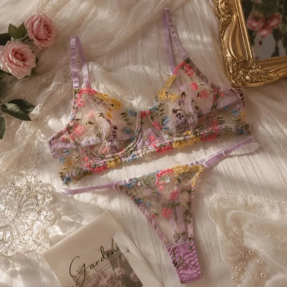Sheer Intimates Transparent Lingerie Set Push Up Elegant Panties Bra Set Ultra-thin Embroidery Floral Underwear Women