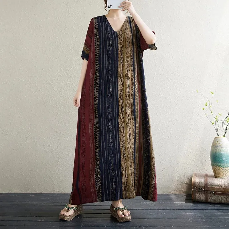 Long V-Ne ort Sve Printed Slimming Cotton Linen Dr Color Blo Casual Loose Fit Summer Faion plus Size Women