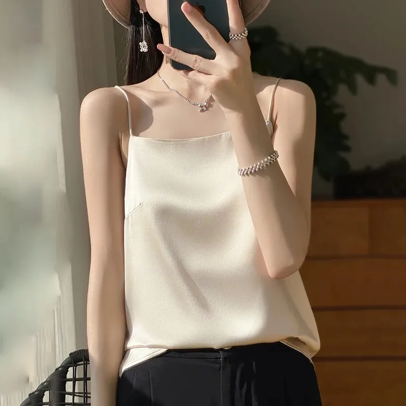 New Ice Silk Sexy Satin Strap Women's Spring/Summer Vest Solid Color Sleeveless Sexy Comfortable Silk Underwear Vest RW-D19