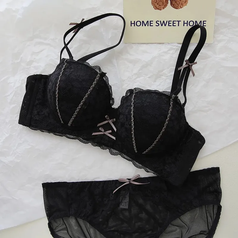 French Lace Women Bra Set Wire Free Push Up Lingerie Set Small Bust Lift Enhance Brassiere And Panty Underwear 32‑38