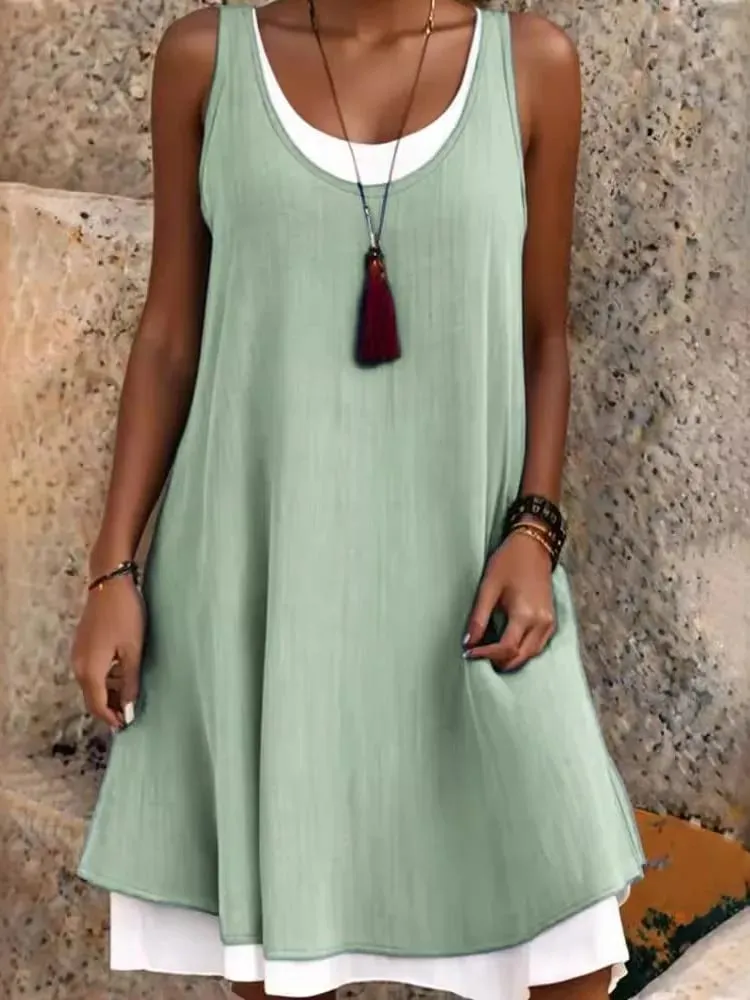 Summmer Women's Solid Dress Casual Sleeveless Fake Two Piece Loose Dresses Female O Neck Office Holiday Beach Party Dress New — image 3
