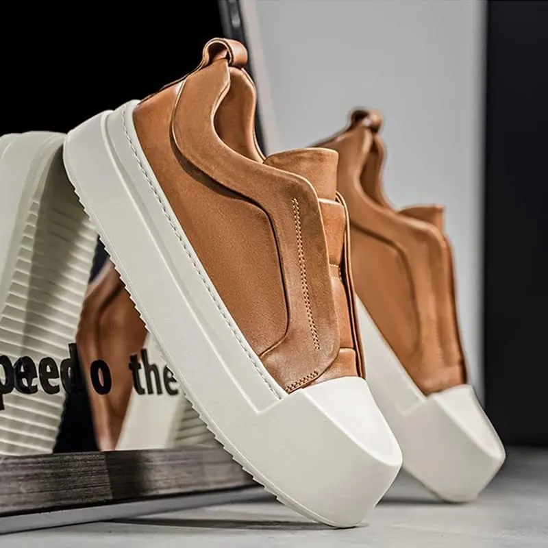 Retro Brown PU Leather Men's Shoes Lightweight Platform Elastic Band Casual Sneakers Fashion Street Walking Shoes High Quality