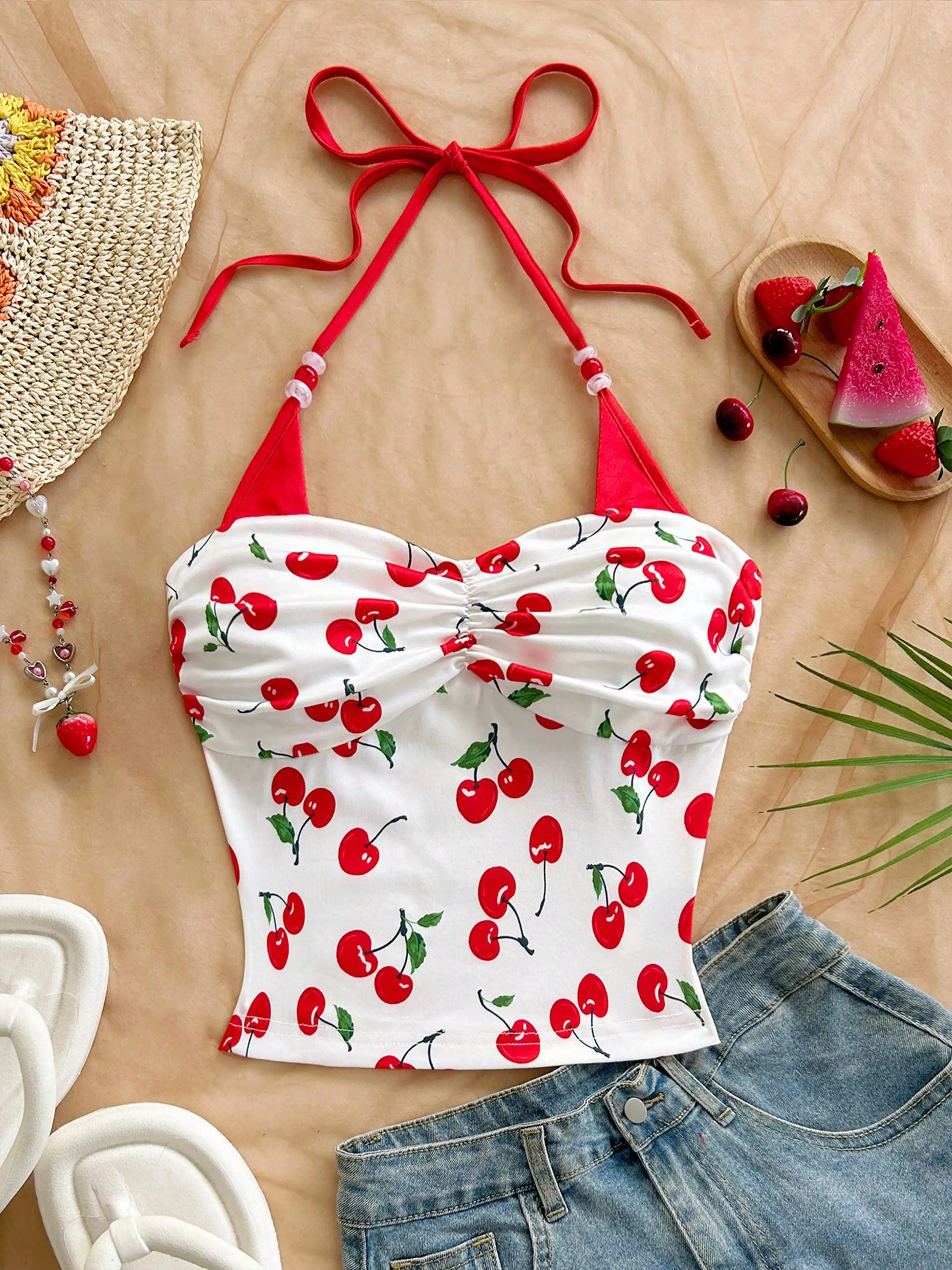 Women's Cherry Printed Color-blocking Beaded Halter Top Summer Beach Vacation Beach Party Summer Party — image 5