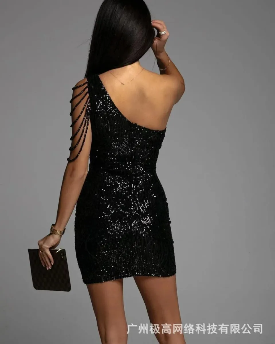 Robe de soirée asymétrique épaule dénudée à paillettes, sans manches, taille haute, Mini robe Slim, couleur unie
