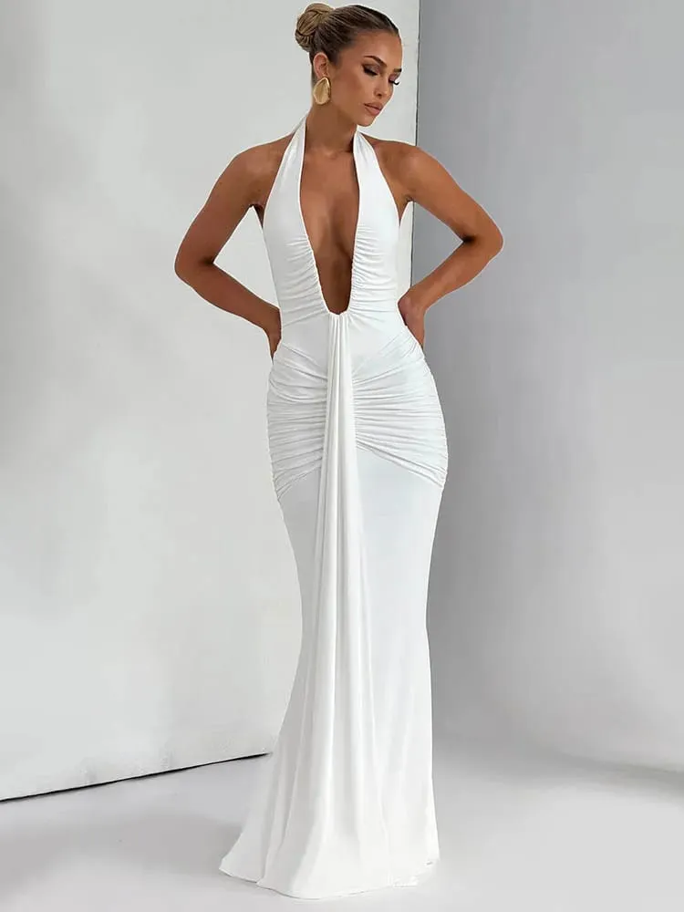 Mozision col en V profond drapé froncé Sexy robe Maxi femmes mode d'été licou sans manches dos nu Club fête longue robe élégante