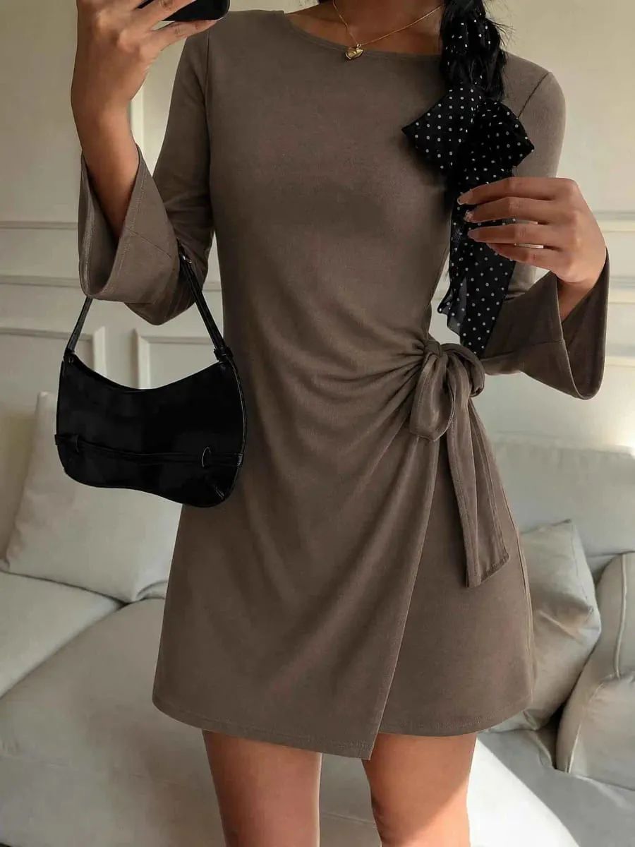 Solid color casual elegant knotted drawstring cross vacation，Women Mini Dresses，fall dresses for women