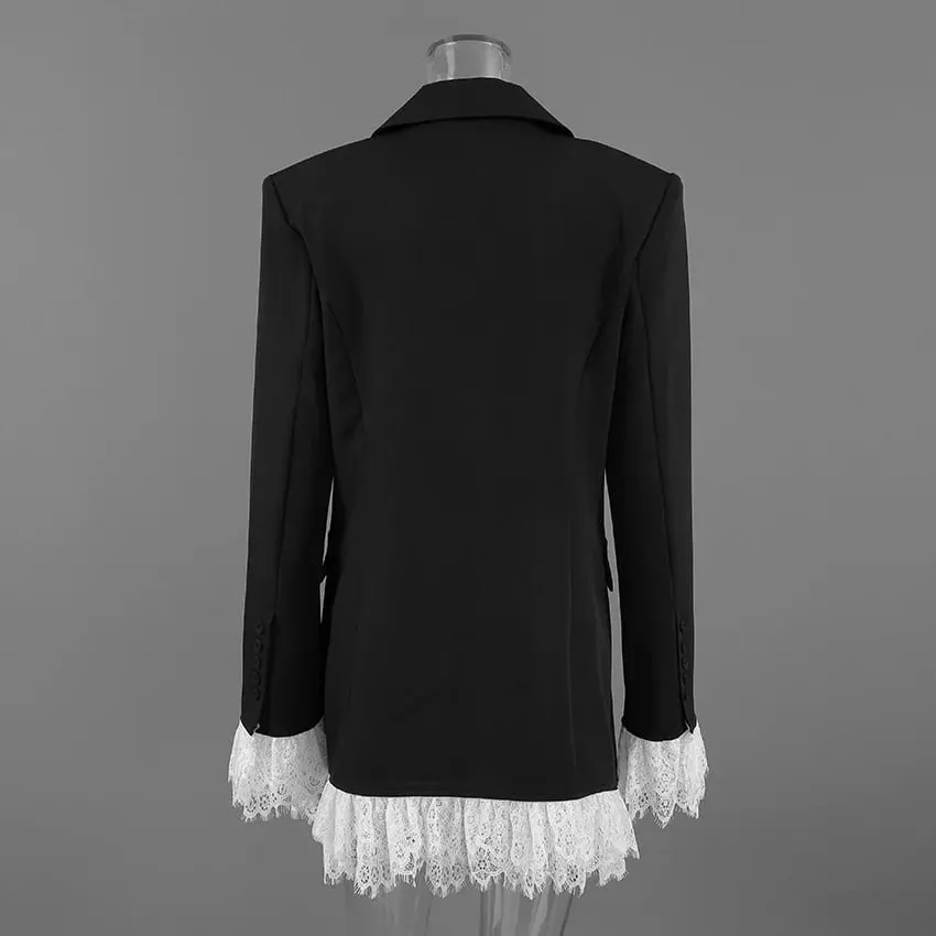 2026 Autumn New Sexy V-Neck Lace Patchwork Black Dress Elegant Temperament Long Sleeve Blazer Short Dresses Women Clothing — image 5