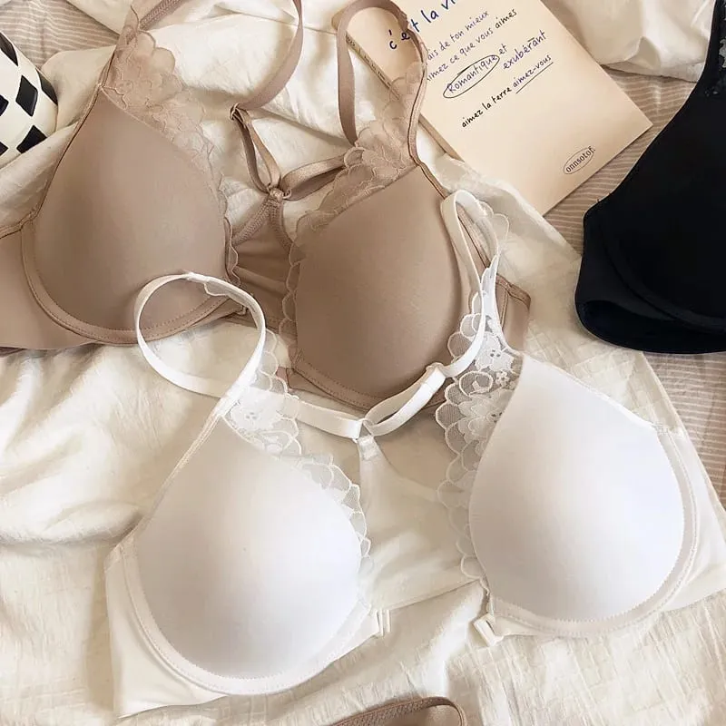 high quality sexy women bras and brief two piece set front closed push up lace A B C cup wire summer lingerie underwear black
