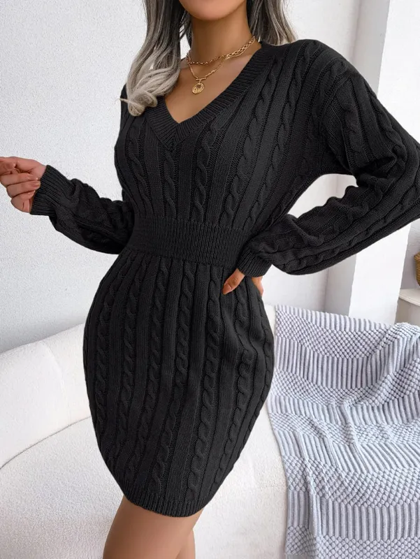 VigoCasey 2026 V Neck Casual Short Knit Dress Autumn Winter Women Solid Long Sleeve Dress Lady Khaki Bodycon Knitted Dresses
