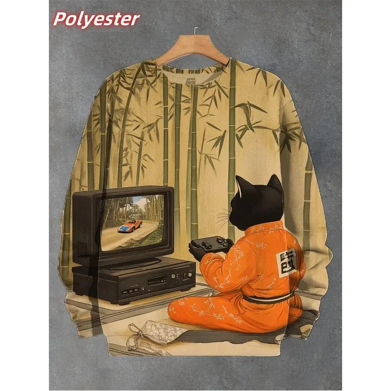 Cat Sushi Pattern Hoodie For Men Cute Animals 3D Printed Pullover Autumn Long Sleeve Loose Round Neck Hoodies Sweatshirt Tops