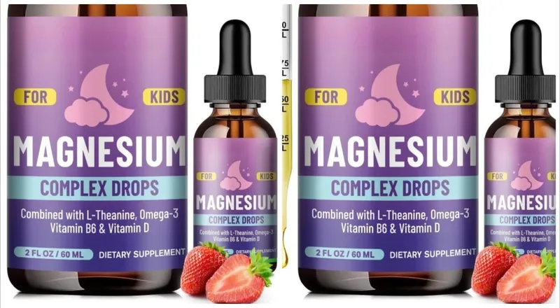 Kids Magnesium Glycinate Liquid Drops with L-theanine Omega-3 Vitamin B6 D3 for Sleep Relaxation 2 Fl Oz Strawberry Flavor