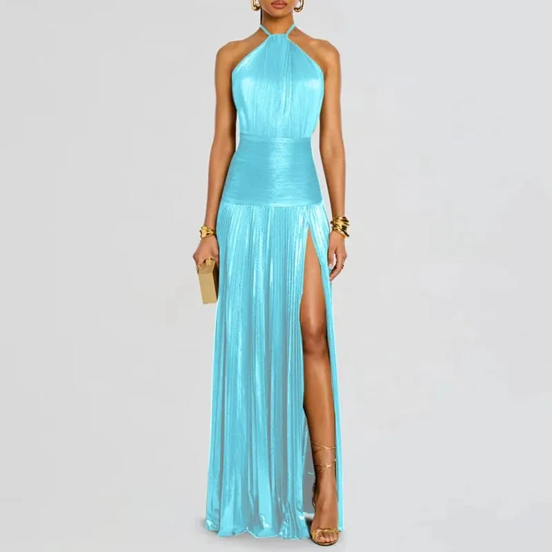 ทองเซ็กซี่ Halter สูงแยกชุดราตรีผู้หญิง Chic Solid Hollow จีบยาวชุดฤดูใบไม้ผลิฤดูร้อน Backless Zip Maxi ชุด
