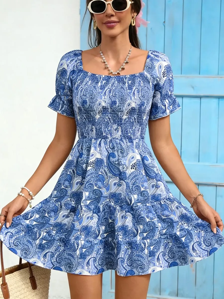 Women's Casual Dresses Square Neck Paisley Print Smocked A-line Dress Boho Dress Spring Summer Beach Date Cute Vacation Dress