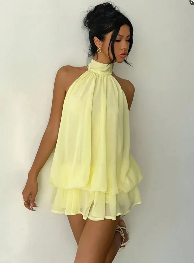 Women's Vacation Slim Fit Fashion Sexy Backless Halter Tie Waist Versatile Solid Color Dress Stylish and Comfortable Summer