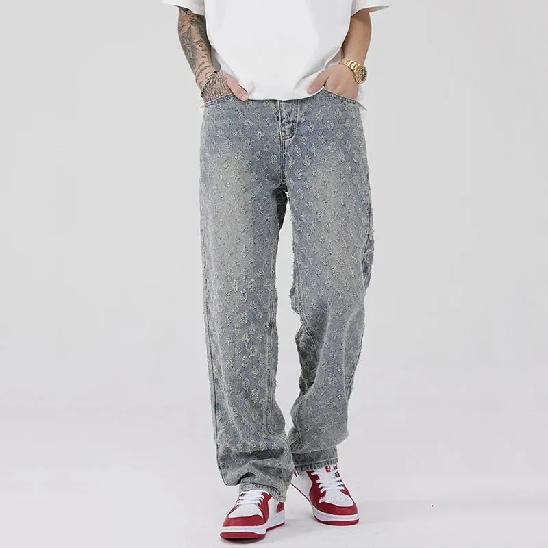 Men American Style Vintage Jacquard Design Jeans Fashion Male Summer Thin Daily Casual Denim Pants Loose Straight Leg Trousers