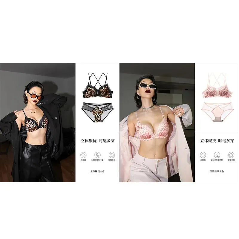 Victoria Style Wireless Lingerie Set Pink Leopard Pattern Front Closure Bra Sensual Back Push Up for Small Bust 32-38