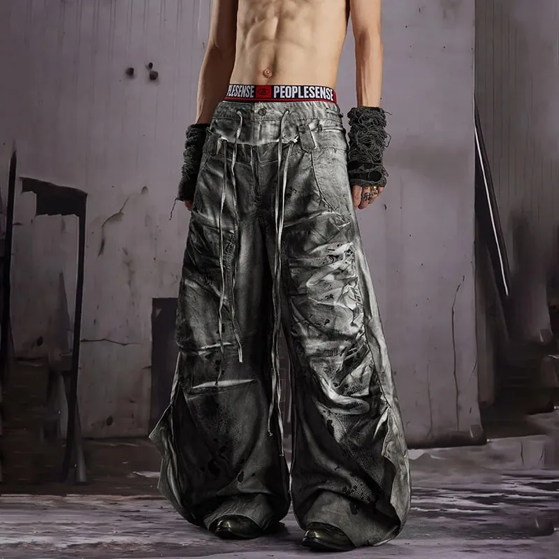 2026 New Stylish Original Streetwear Wornout Vintage Style Tie-dyed Baggy Wide Leg Jeans Men Handsome Denim Pants JY8691