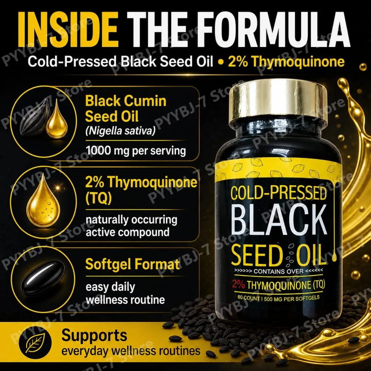 Black Seed Oil Capsules Cold Pressed Contain 1000mg Natural Nigella Sativa Oil – Daily Herbal Supplement 60 Count Per Bottle