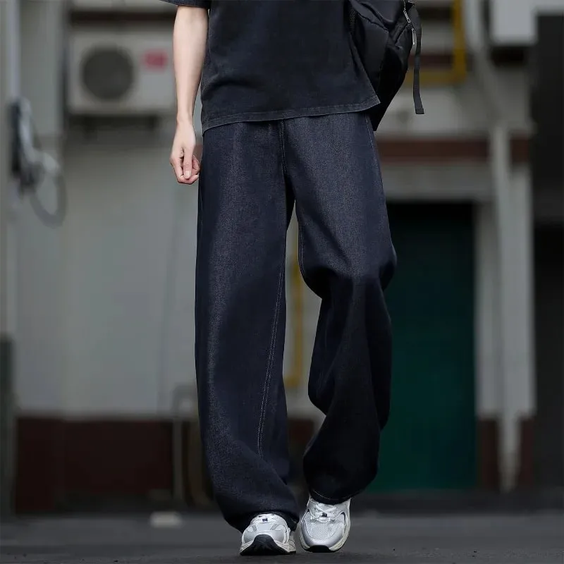 Loose American Retro Blue Jeans High Waist Wide Leg Denim Pants Half Elastic Waistband Casual Vintage Style Jeans