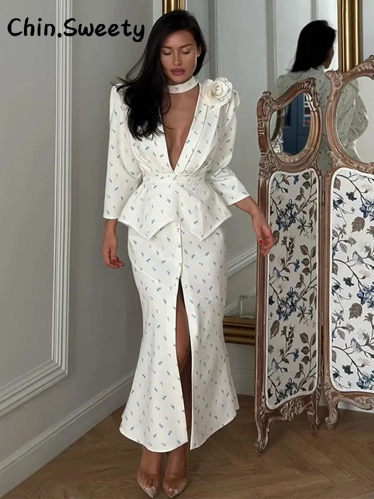 Elegant Women's Printed Waistband Long Dress 3D Flower V-neck Bubble Sleeve Patchwork A-line Dresses 2026 Spring Party Robe