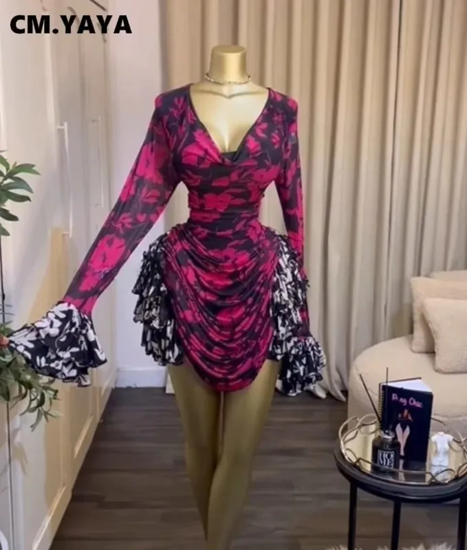 CM.YAYA Kvinder Tie Dye Print Cascading Flæser Bell Langærmet Bodycon Ruched Draperet V-hals Kjole Ferie Strand Ferie Kjoler — image 11