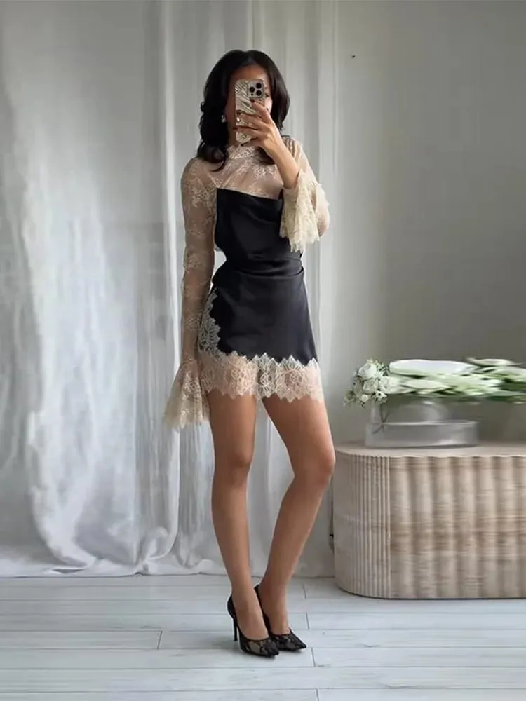 Elegant Women's Lace Trim Satin Dress High Neck Bell Sleeve Vintage Black Party Clubwear Chic Cocktail Mini Dresses Chic Outfit
