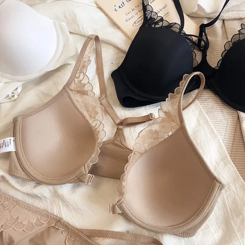 high quality sexy women bras and brief two piece set front closed push up lace A B C cup wire summer lingerie underwear black