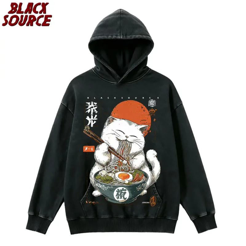 T0220 Cute Ramen Japanese Cat Hoodie, Unisex Cartoon Graphic Pullover Sweatshirt, Casual Streetwear Loose Fit Daily Wear — image 1