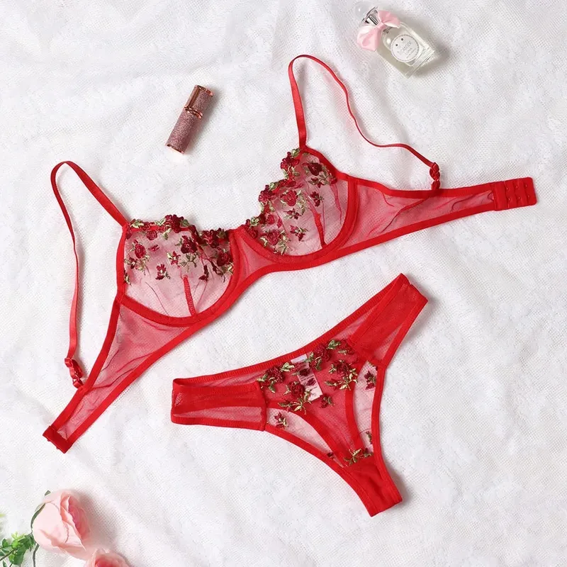 Purple Fancy Lingerie Set Women Embroidered Flower Bra and Panty Underwear Female Outfits