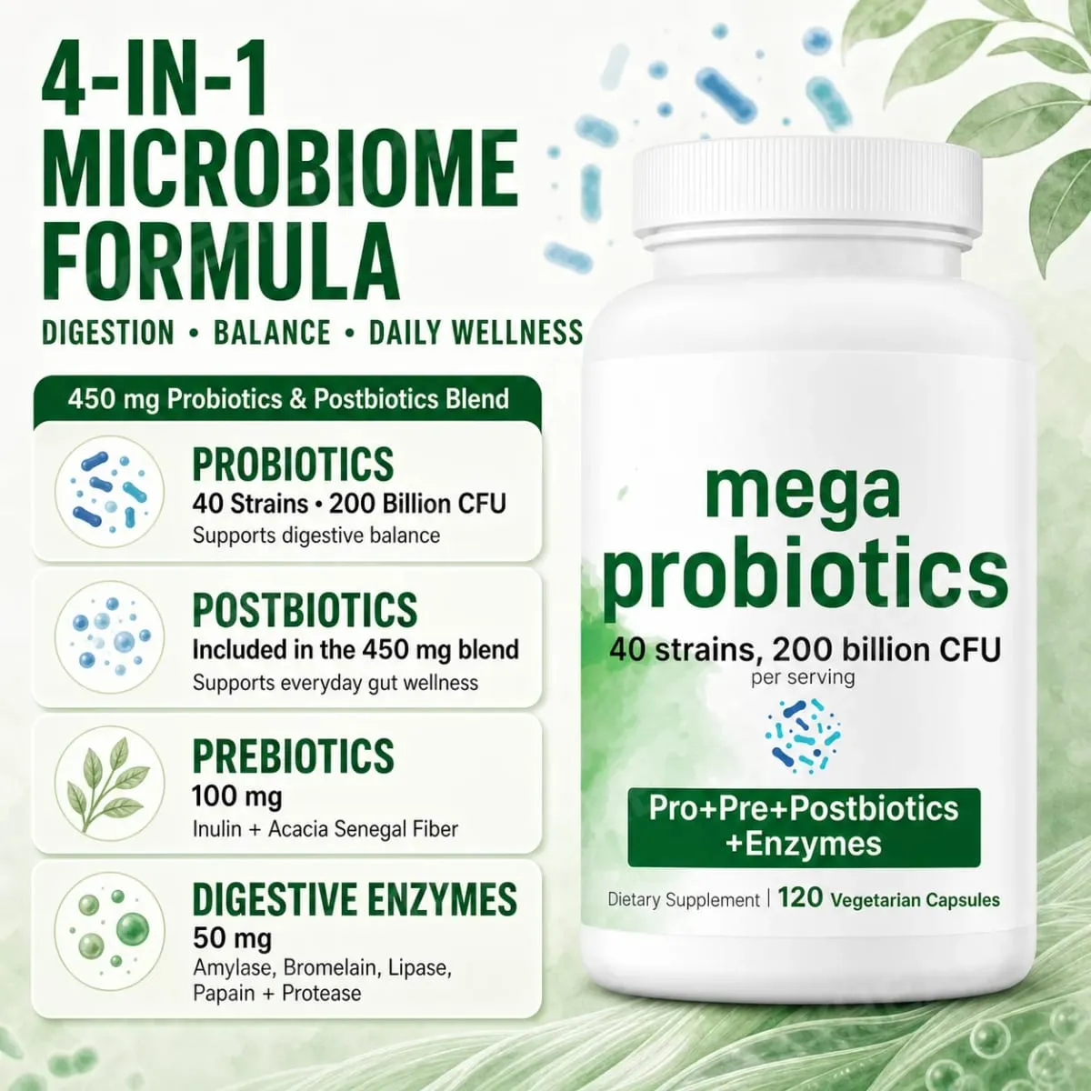 Probiotics Capsules 200 Billion CFU 40 Strains Prebiotics Digestive Enzymes Gut Health Supplement 120 Veg Capsules Men Women