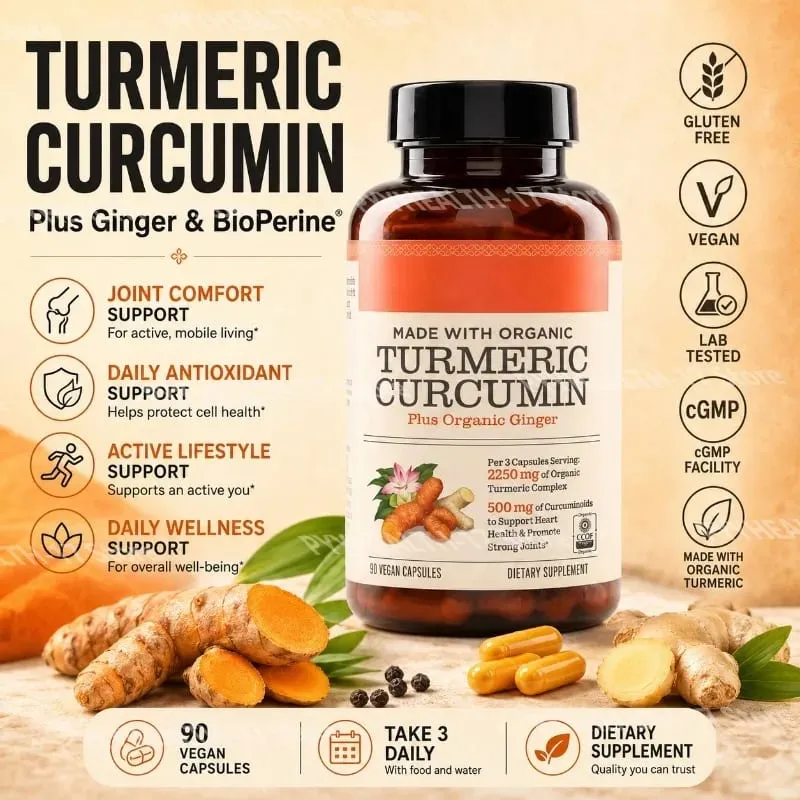 Turmeric Curcumin Plus Vegan Capsules Made with Organic Ginger Supports Joint Health and Heart Health Non-GMO 90 Capsules