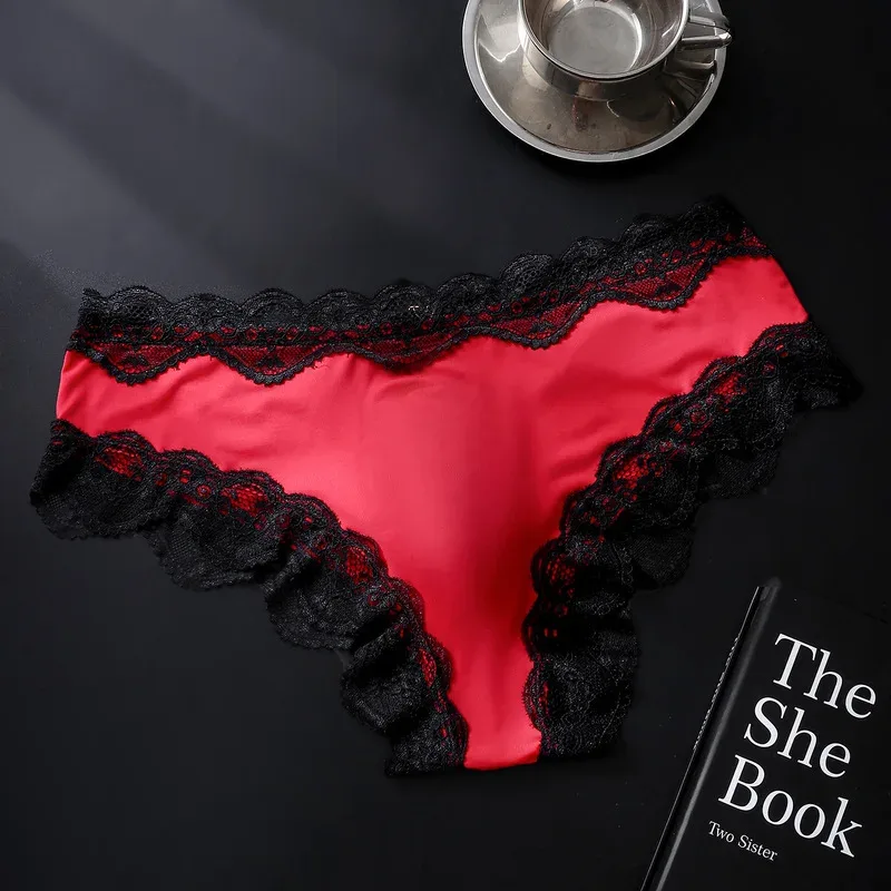 Male Full Lace Edge Briefs Back Bow Strap Ice Silk Satin Low Rise U Pouch Soft Breathable Men Underpants