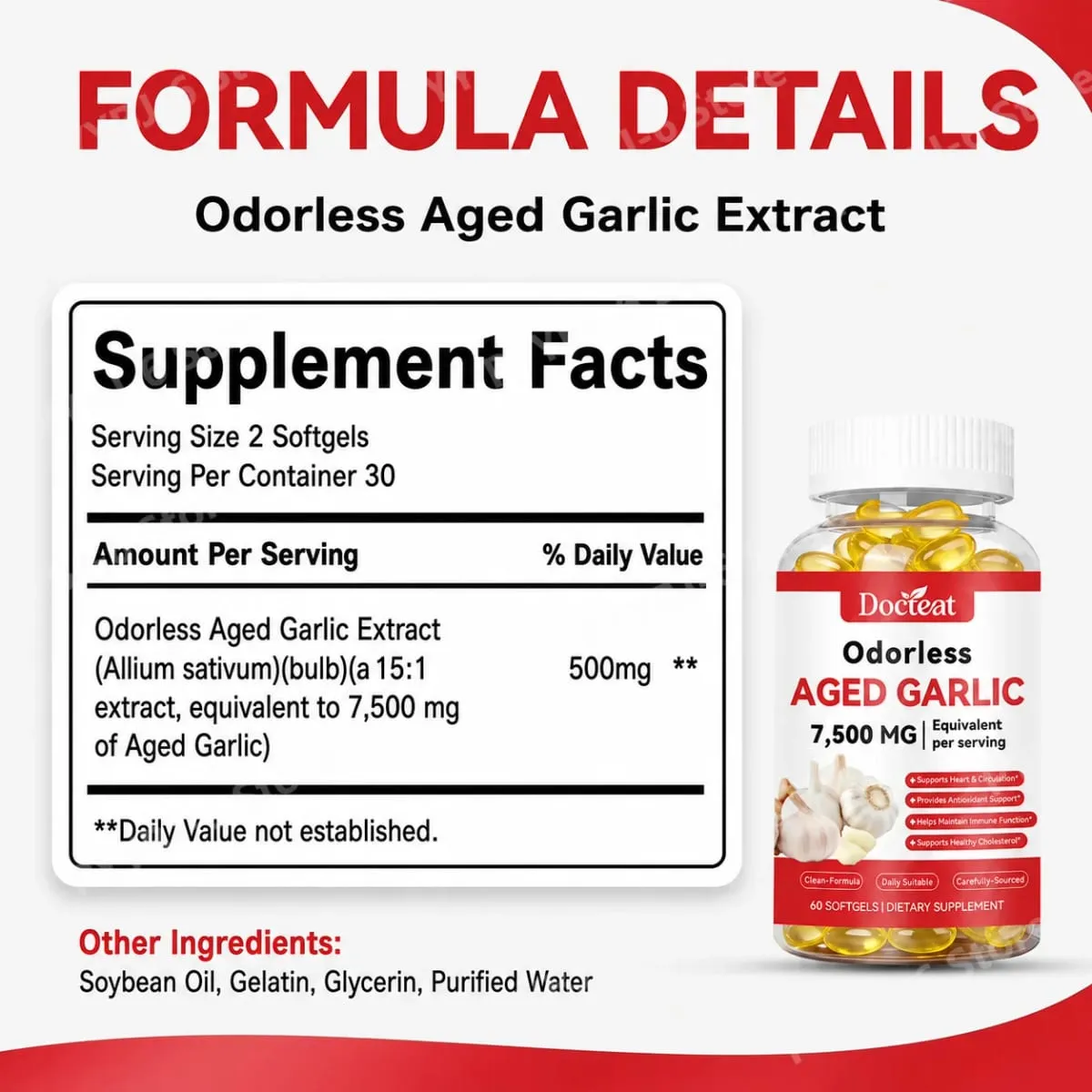 Odorless Aged Garlic Extract 7500mg เทียบเท่า 60 ซอฟท์เจล - ระบบภูมิคุ้มกันสุขภาพหัวใจอาหารเสริมสารต้านอนุมูลอิสระสำหรับผู้ใหญ่