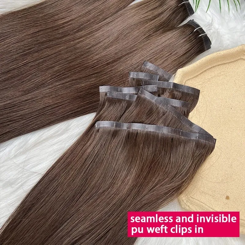 #2 Color Invisible Seamless Clip in Hair Extensions Straight PU Weft Clips In Double Weft 100% Raw Virgin Human Hair 7PCS/100g — image 4