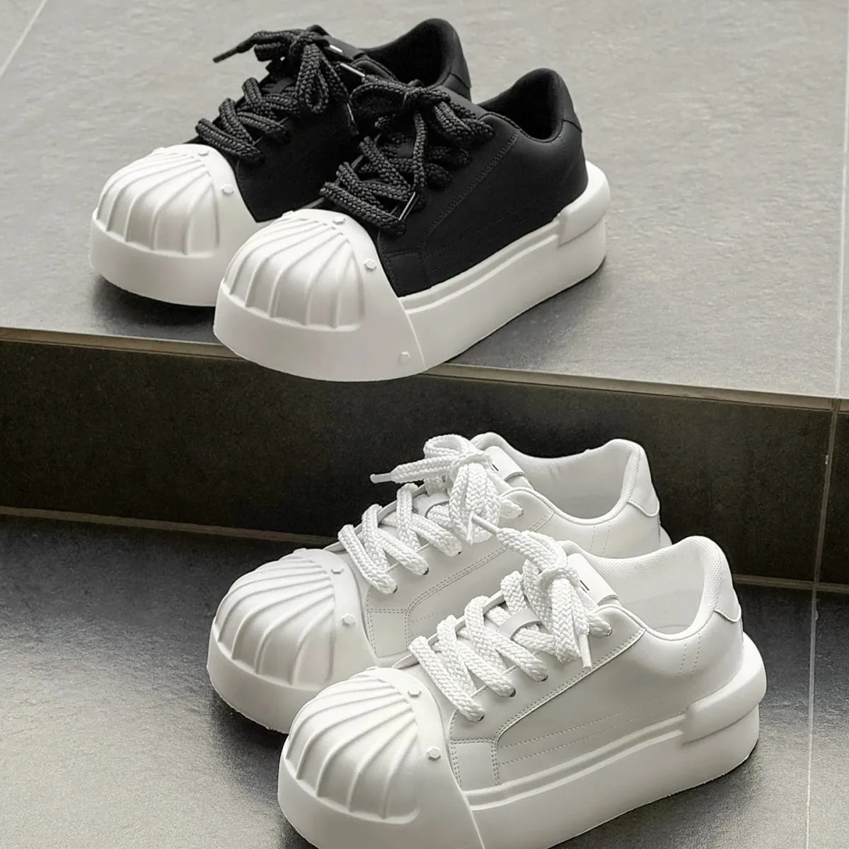 Women Men Sneakers Low-top Shell-head PU Leather Thick-soled Heightening Unisex Leisure Trendy Retro Shoes Men Chunky Trainers