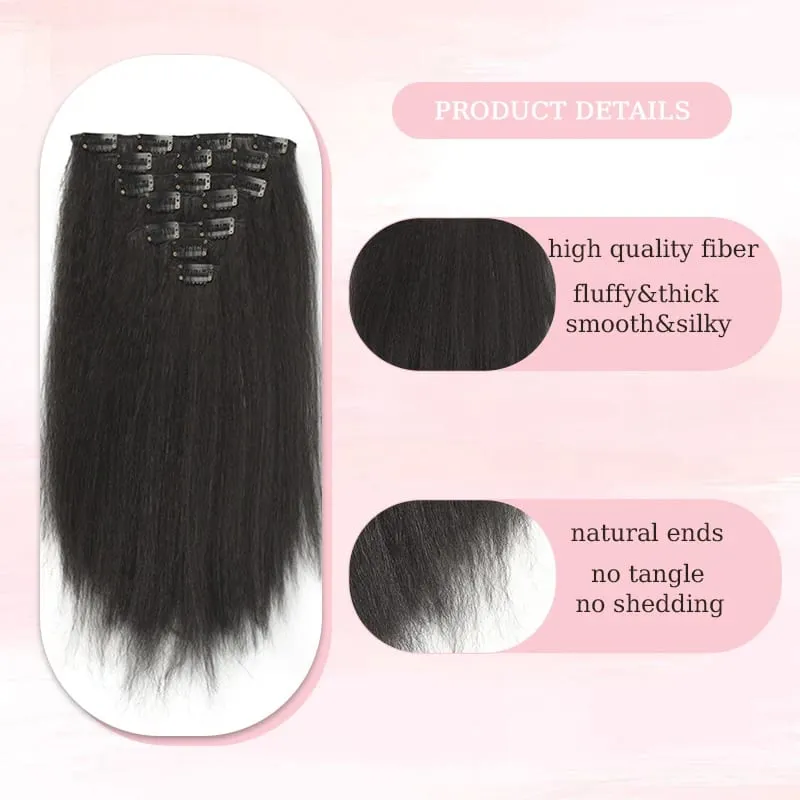 7Pcs Clip in Hair Extensions Wig Synthetic Black Yaki Straight Hair Extensions with BB Clip Fluffy Hairpiece for Women Daily Use — image 5