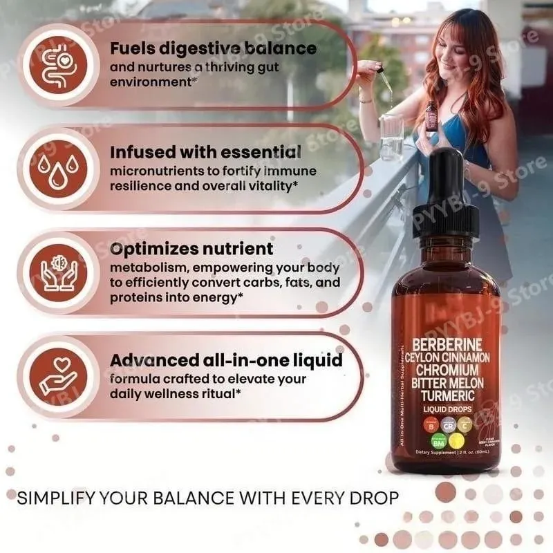 Berberine Chromium Turmeric & Ginseng 2oz Liquid Drops Organic Herbal Supplement for Wellness Supports Healthy Balance