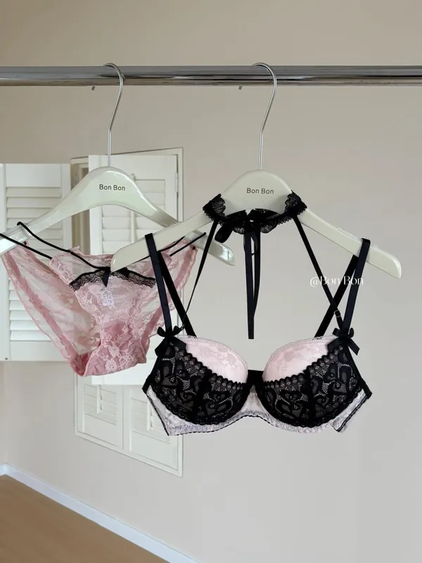 French Romantic Halter Neck Lace Bra Set Women Push‑Up Support Soft Stretchy Lingerie Underwear Small Bustセクシーな S-XL
