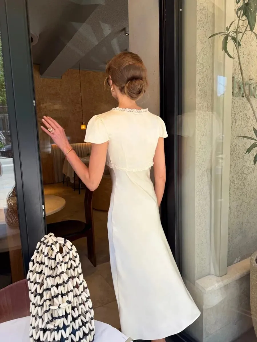 Chic Satin Lace Trim Midi Dress For Women Solid Patchwork Short Sleeve V-neck Summer Dresses 2026 Elegant Summer Holiday Gown — image 4