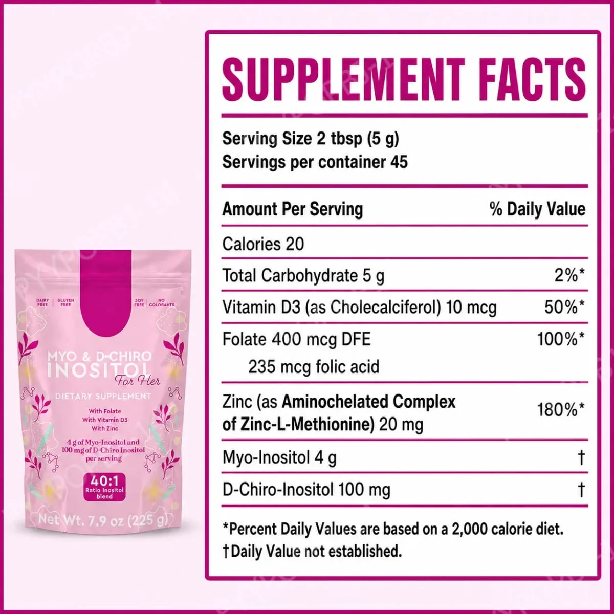 Myo Inositol & D-Chiro Inositol Powder 40:1 Ratio 225g 45 Servings with Folate Vitamin D3 and Zinc Daily Nutrition — image 2
