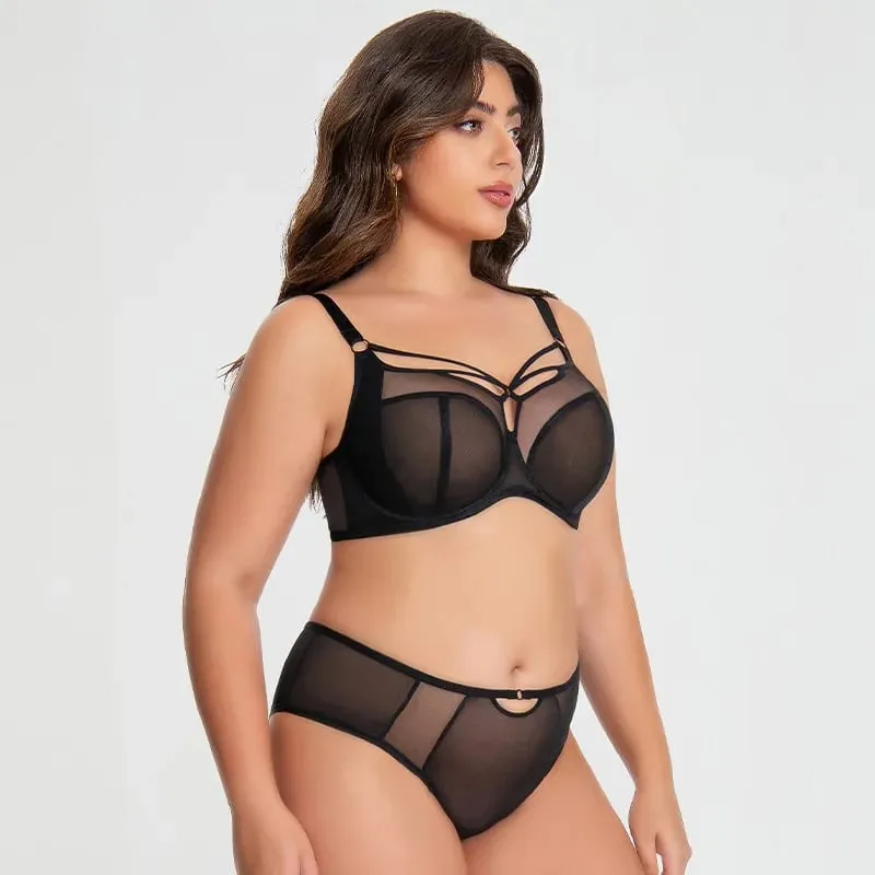 Plus Size Bra Set D-L Cup Minimizer Full Coverage Lingerie Anti Sagging Push Up Breathable Mesh High Waist Panties Women