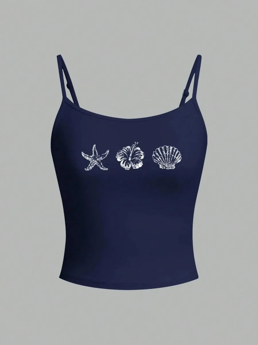 Women Seashell Starfish Print Spaghetti Strap Camisole Summer Casual Y2K Street Style Slim fit Crop Top