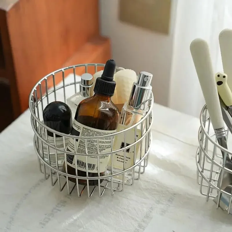 Stainless Steel Round Makeup Brushes Storage Basket Cosmetic Tools Organizer Multifunctional Perfume Lipstick Makeup Tool Holder