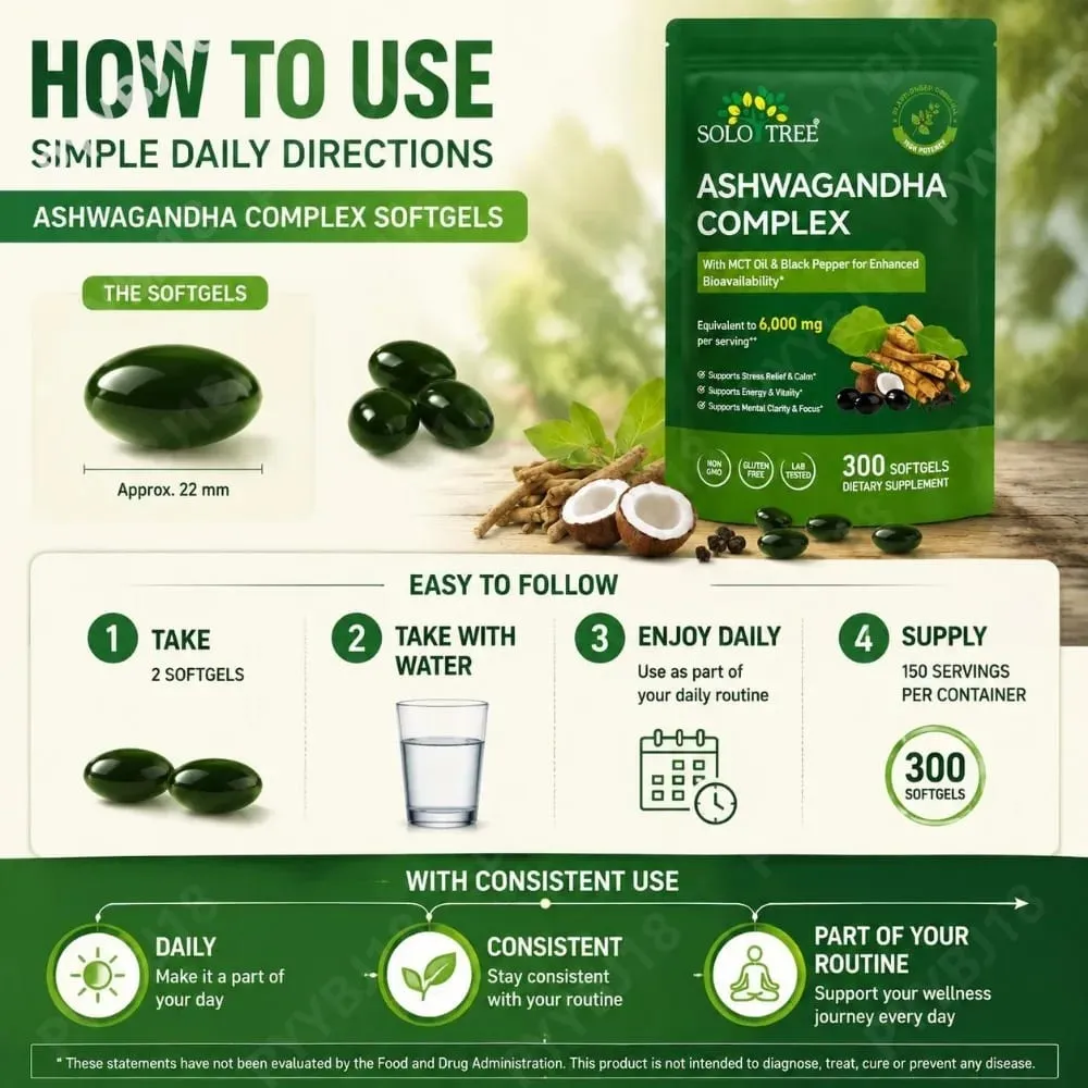 Solo Tree Ashwagandha Complex Softgels Supports Stress Relief Calm Mental Clarity Focus with MCT Oil & Black Pepper 300 Softgels — image 6