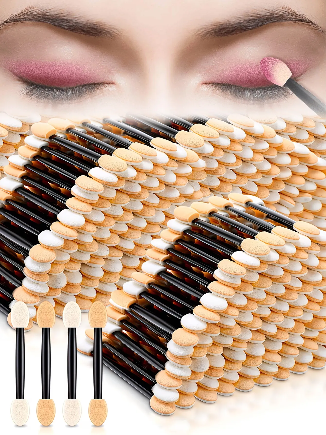 200/50/20 Double-Ended Eyeshadow Applicators Disposable Eye Makeup Brushes Double-Sided Sponge Applicators Suitable for Women and Girls (Black Nude White)