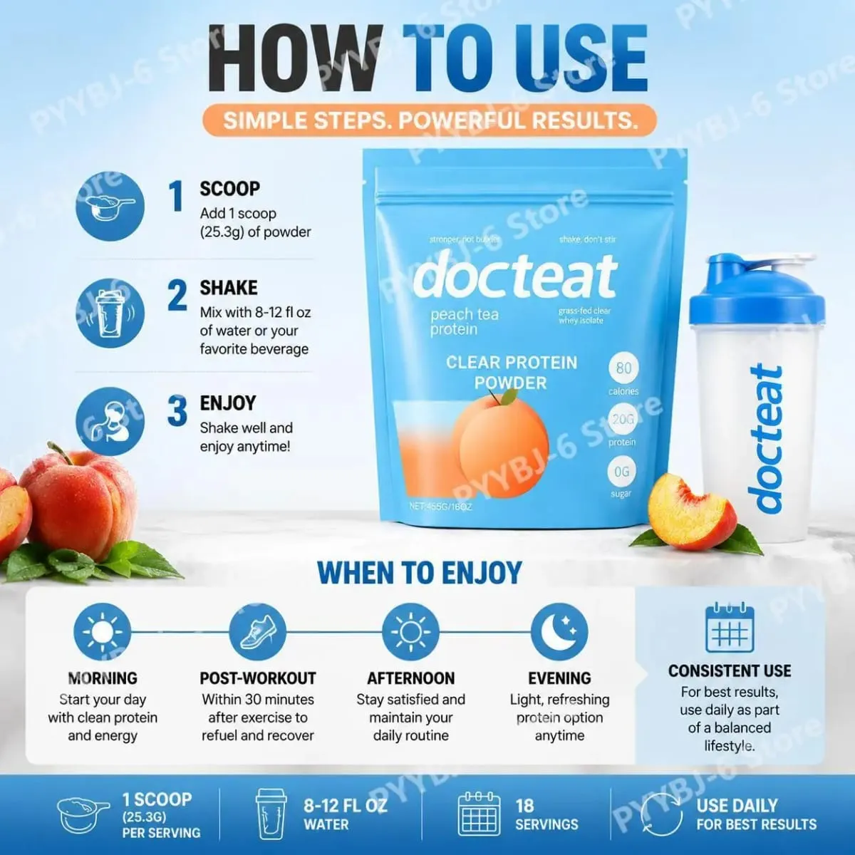 Docteat Peach Tea Clear Protein Powder 455g Whey Isolate & Stevia 20g Protein Low Fat 0g Sugar Fitness Workout Recovery Support — image 6
