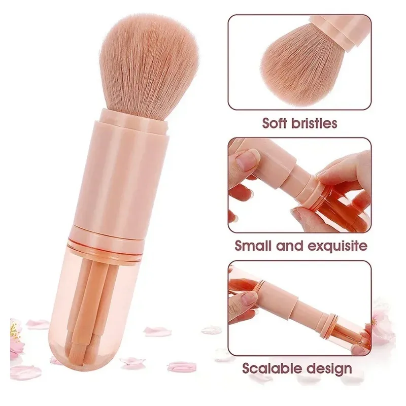 4pcs/set 4 In 1 Telescopic Makeup Brush Portable Travel Makeup Brushes Set Eyeshadow Loose Powder Mini Makeup Brush Beauty Tools